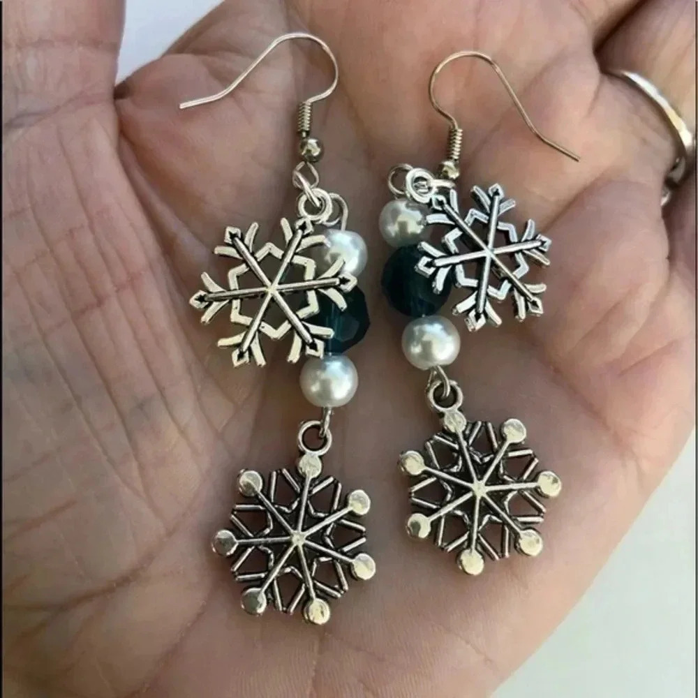 Double Snowflake Blue Pearl Silver Handmade Drop Earrings NWT